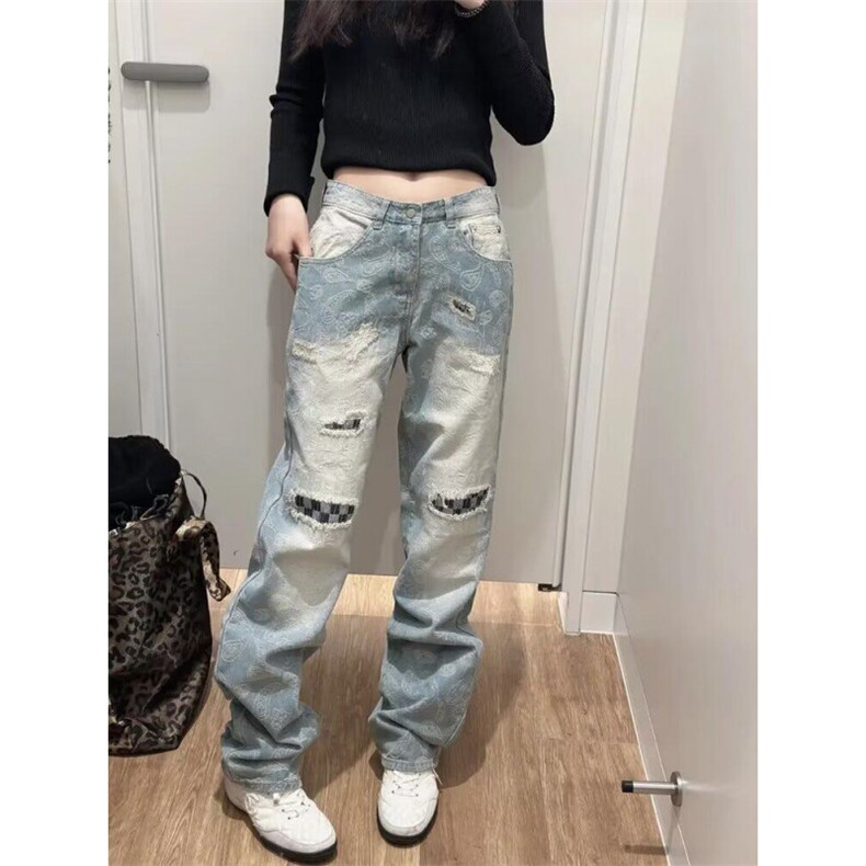 美式腰果花高街破洞牛仔裤男款水洗做旧微喇长裤KA7115-P53图片