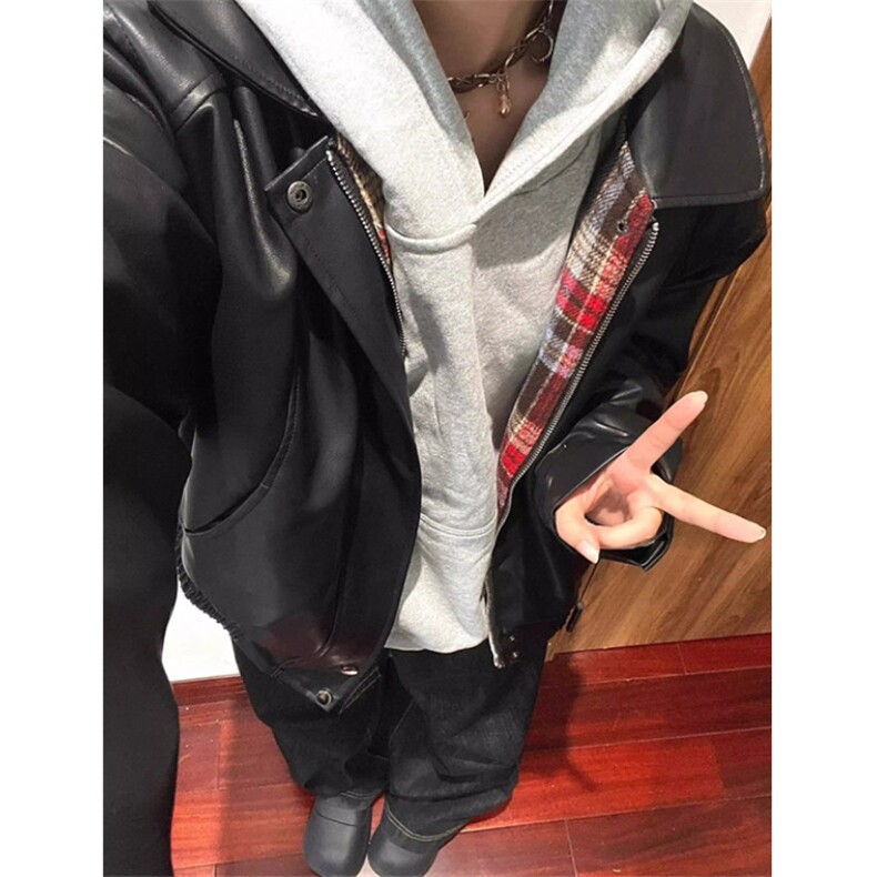 休闲格子双面穿PU皮夹克男秋冬季高街宽松机车服外套 JK8565图片
