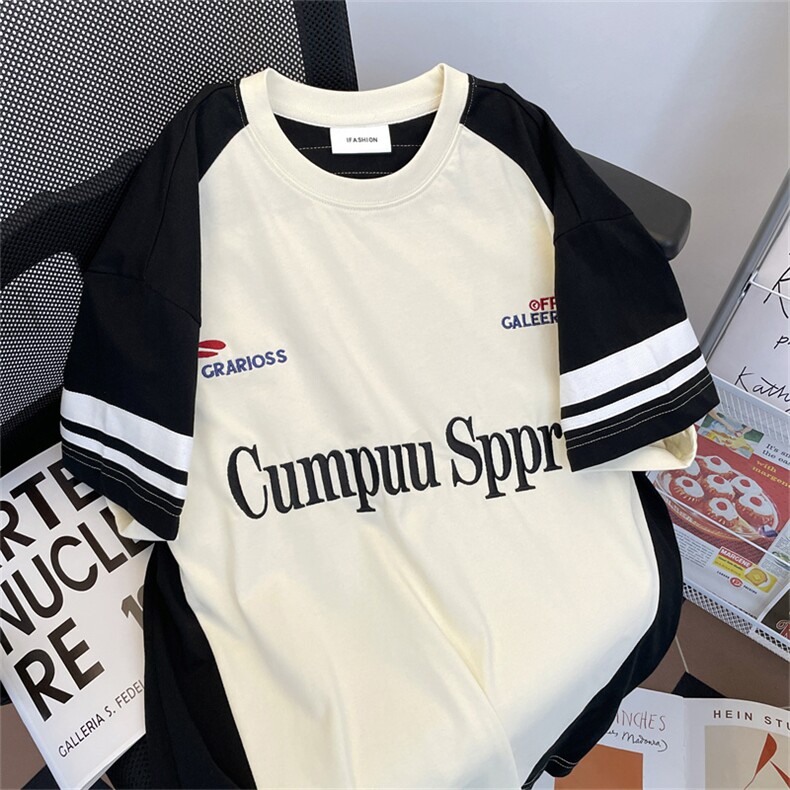撞色拼接刺绣半袖t恤复古设计感夏季潮流圆领休闲短袖男T063-43,男装T恤,星座308B-1