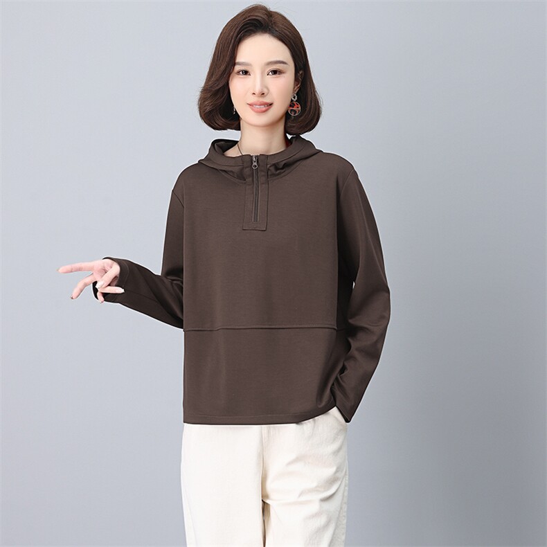 中年妈妈洋气减龄连帽卫衣女春秋装短款宽松大码胖mm拼接长袖上衣,女装卫衣/绒衫,阿丹