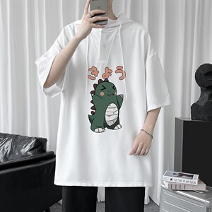 LD54037-P45 连帽短袖t恤男大码胖子带帽五分袖中袖图片