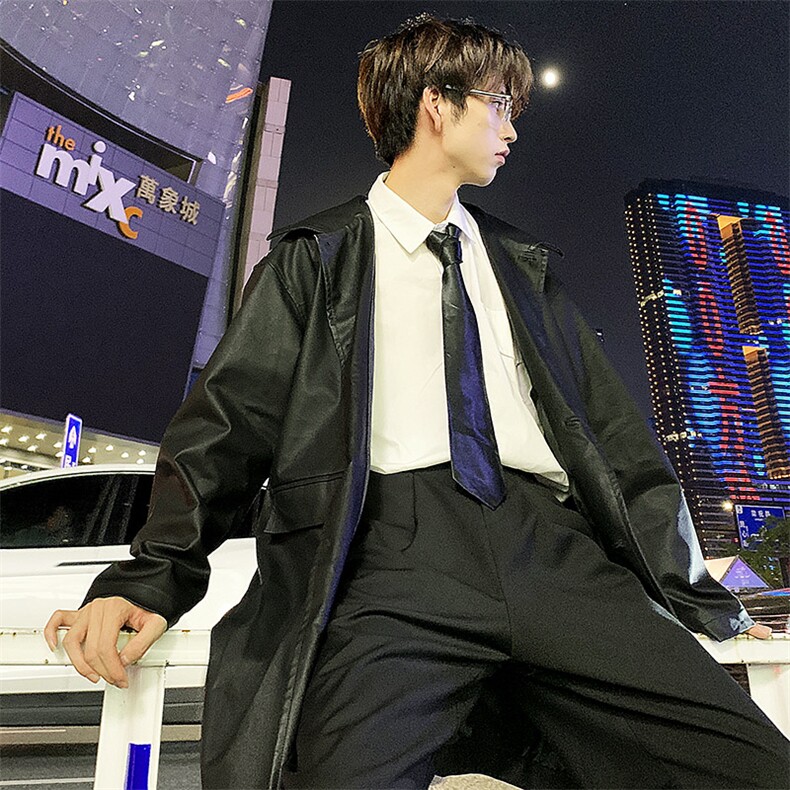 港风后背字母印花皮风衣男中长款过膝外套A090-FY90P115限138,男装风衣,电商A089-1
