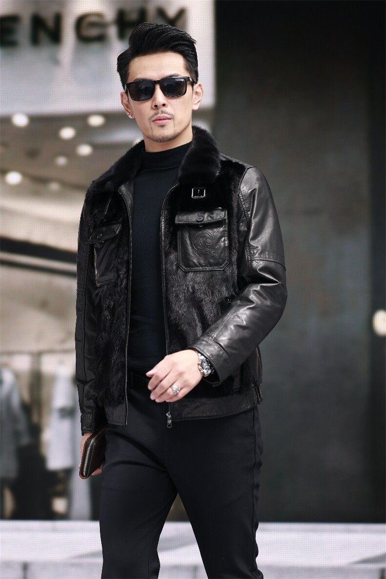 BIJ2506冬季海宁真皮羽绒服男山羊皮夹克翻领时尚男装机车皮衣,男装夹克,电商B360
