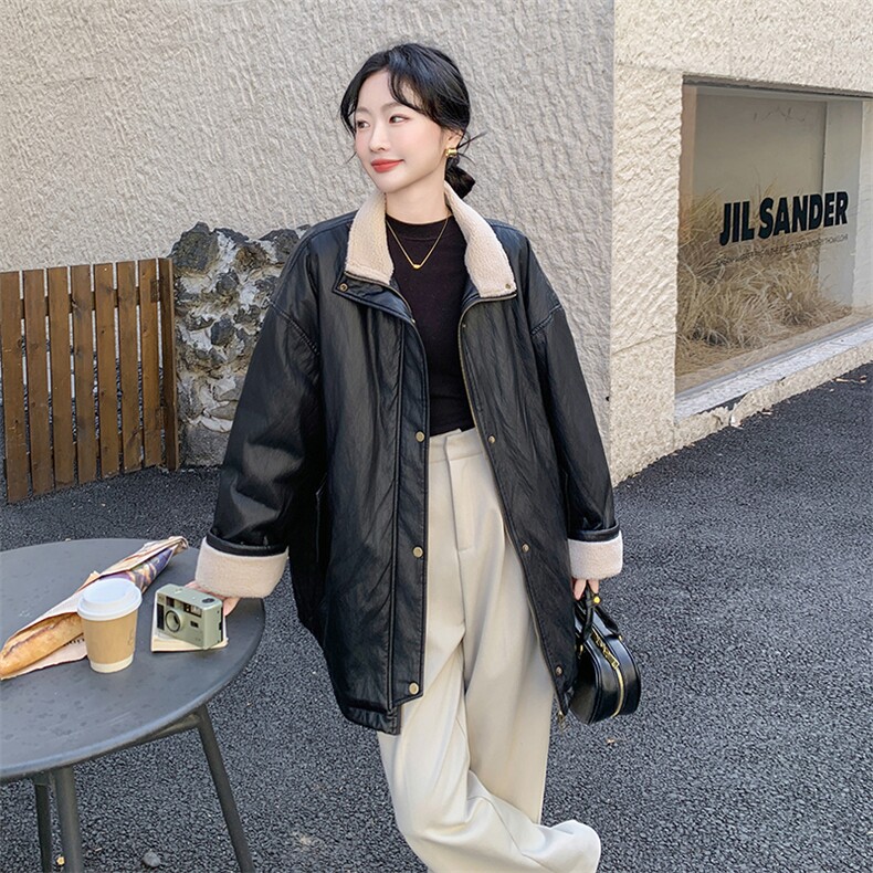 羊羔毛拼接pu皮羽绒服女冬季2025新款高级感小个子炸街派克服外套,女装羽绒服,2C129