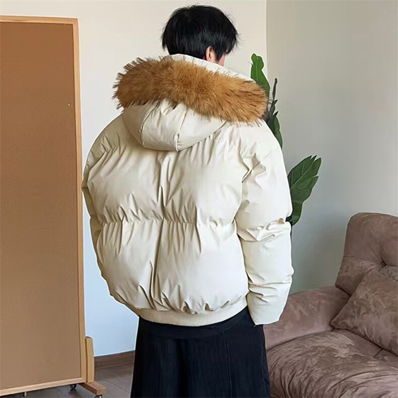 现货三防重磅硬挺boxy短款羽绒棉衣座山雕大毛毛领PU皮棉服外套冬,男装棉衣,电商A486-1