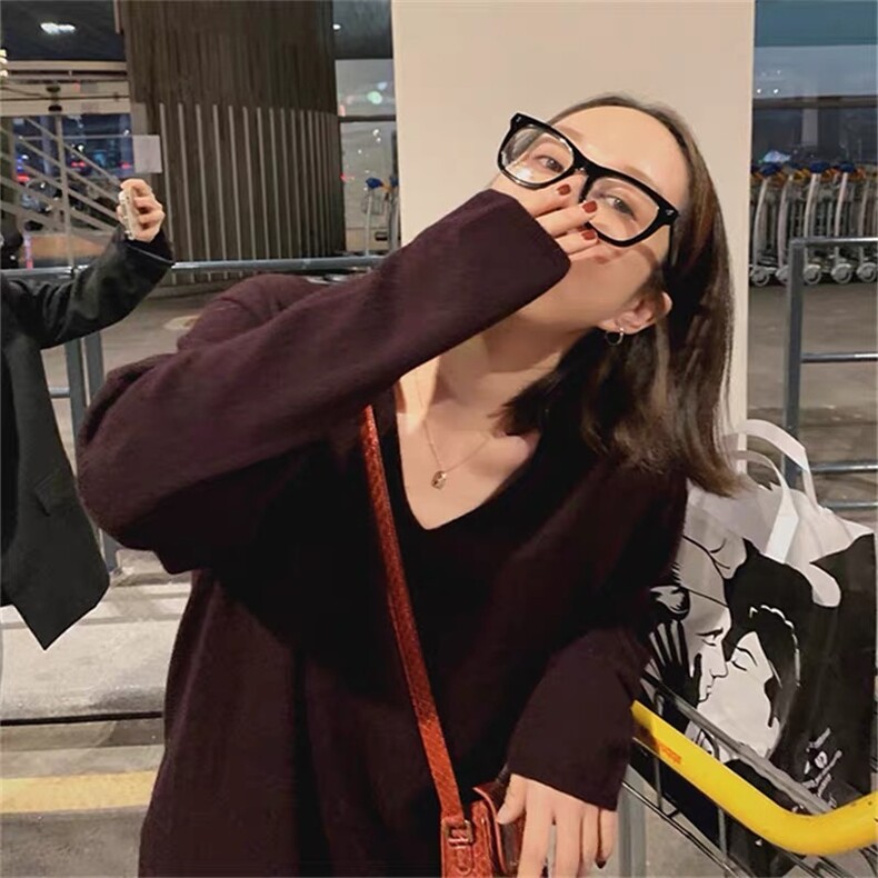羊毛衫女秋冬宽松内搭针织衫v领中长款纯色连衣裙图片
