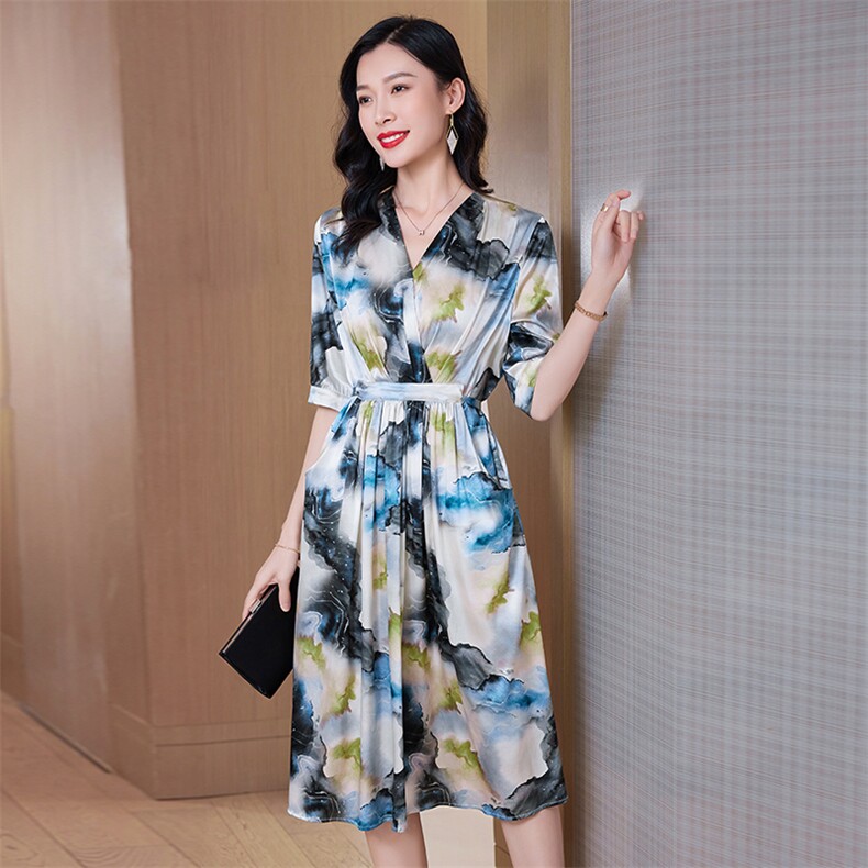 高端重磅真丝连衣裙女裙子短袖真丝中长裙大裙摆收腰夏装,女装连衣裙,阿舍尔精品