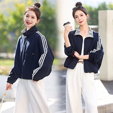 立领蕾丝拼接条纹短外套女2025春秋季新款宽松显瘦冲锋衣夹克上衣，女装短外套，木橙西子