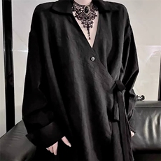 港风秋款男女V领衬衫扎染道袍设计感宽松长袖衬衣cs0243P45，男装衬衫，星座1013-1