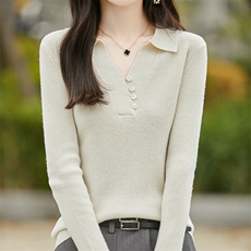 POLO领100%纯羊毛衫女坑条纽扣长袖针织衫毛衣宽松羊绒衫打底上衣，女装羊毛衫，绒汀羊绒