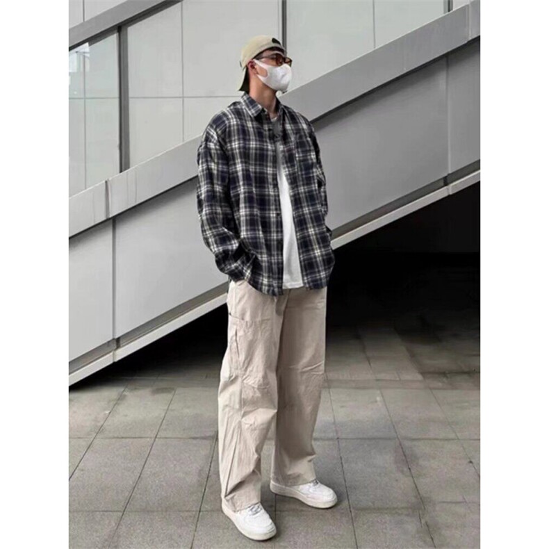 蓝色格子衬衫男oversize韩版外套高级感痞帅长袖衬衣LCS309-p35,男装衬衫,星座1008
