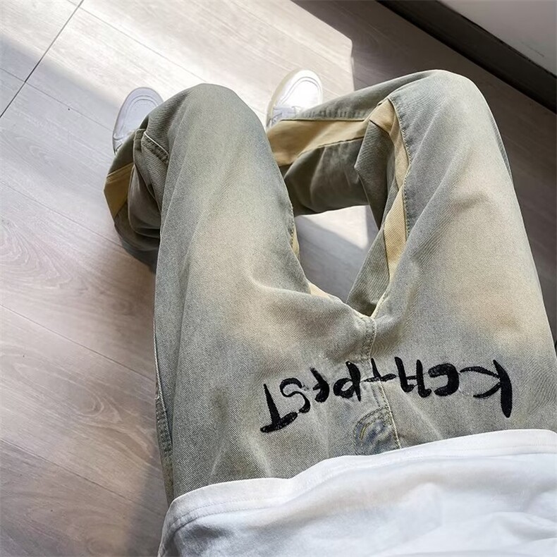 美式高街牛仔裤男字母刺绣拼色帅个性2024秋夏季ins长裤RK873-P47,男装牛仔裤,星座412-2