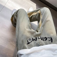 美式高街牛仔裤男字母刺绣拼色帅个性2024秋夏季ins长裤RK873-P47，男装牛仔裤，星座412-2