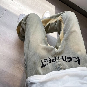 美式高街牛仔裤男字母刺绣拼色帅个性2024秋夏季ins长裤RK873-P47图片