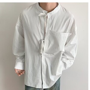 夏季慵懒风条纹衬衫设计感抽绳长袖衬衣防晒男女衬衣CS0049 P50图片
