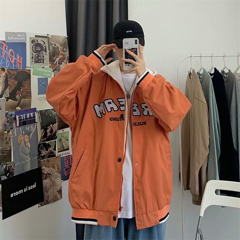 春秋季日系潮流港风假两件字母棒球服外套情侣连帽工装夹克男上衣,男装夹克,星座1210-1