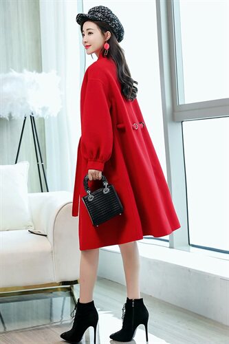 毛呢大衣2024年秋季单排扣红色中长款红色结婚呢子大衣女，女装毛呢外套，天丝秀