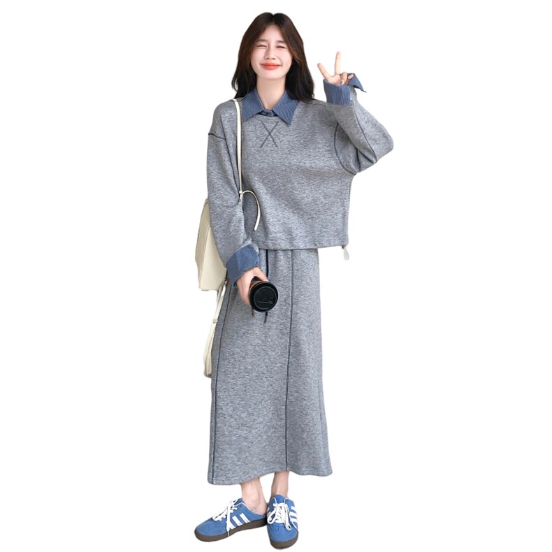 灰色休闲拼接假两件卫衣套装裙女秋季一整套穿搭减龄半身裙两件套,女装套装/套裙,2C233