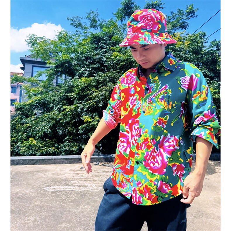 PC203长袖拼接东北大花风民族牡丹大花撞色AB版衬衫团队表演，男装民族服装，星座115A-2