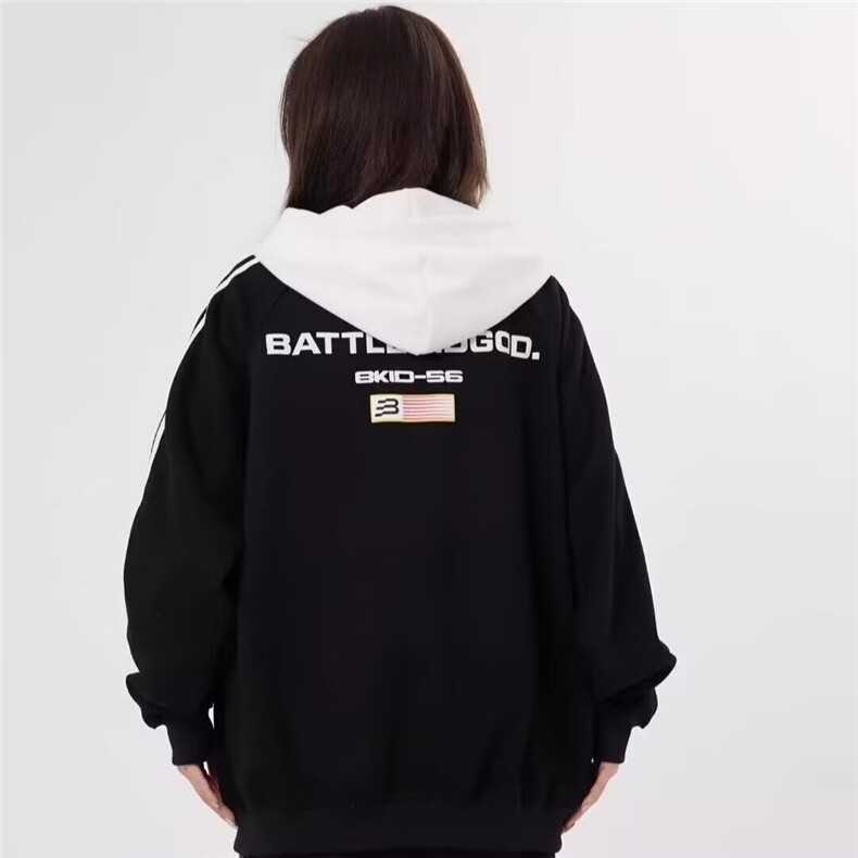 复古拼接三条杠连帽卫衣男女新款2025春秋拉链棒球服开衫夹克,男装夹克,星座218-1（原230）