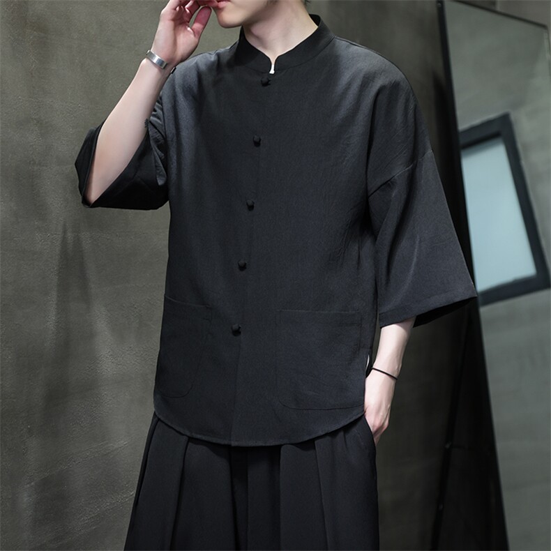 新中式玲珑麻轻薄速干透气立领包扣七分袖休闲大码上衣衬衫30508,男装衬衫,星座305A（原312A-1）