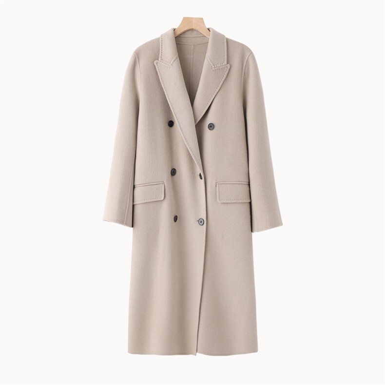 2025年秋季新款百搭女士V领长款大衣，女装双面呢大衣，鹿展羊绒大衣
