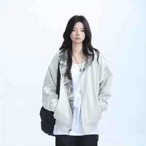 美式迷彩双面穿短款连帽开衫男女秋季宽松cleanfit情侣卫衣外套潮图片
