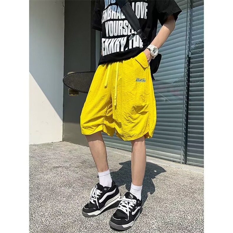 多巴胺刺绣速干七分裤男女夏季hiphop冰丝休闲伞兵裤情侣过膝短裤,男装牛仔裤,星座1210-1