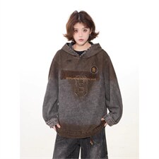 W11131-P88网图现货高品质春季新款复古做旧刺绣连帽套头卫衣，男装卫衣，星座1608