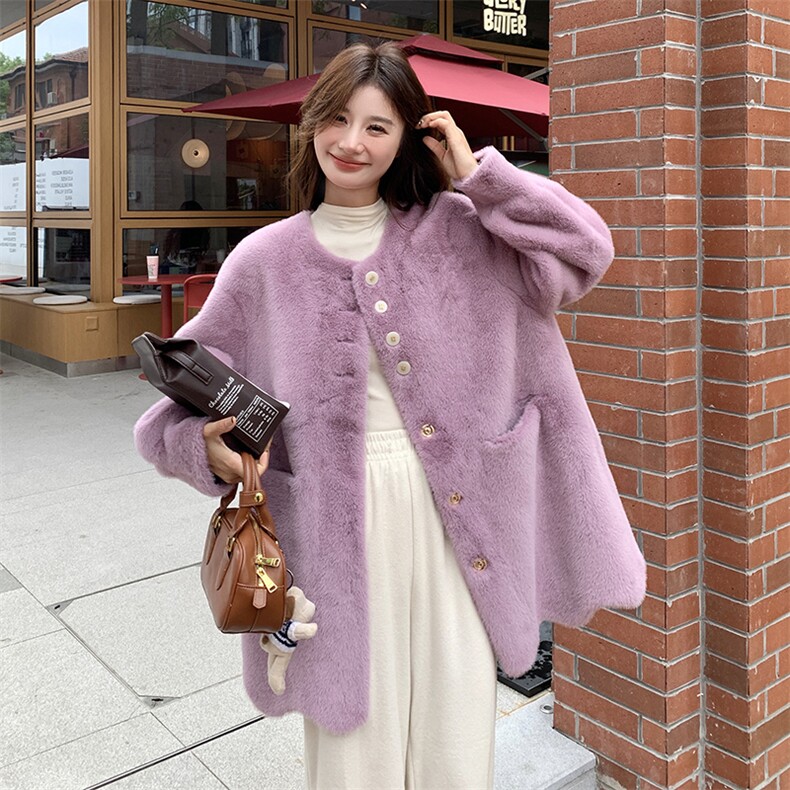 粉色仿貂绒皮毛一体外套女秋冬超火好看加绒加厚中长款羊羔毛大衣,女装皮草,浙宝276（原081）