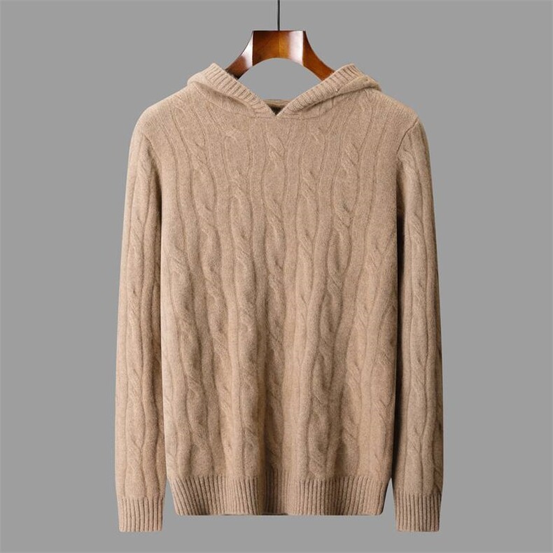 2025秋冬百搭时尚简约加厚麻花帽衫，男装羊绒套衫，盛欣羊绒