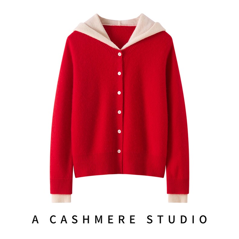 2025简约百搭帽衫纽扣开衫时尚简约，女装针织衫/毛衣，铂欧羊绒