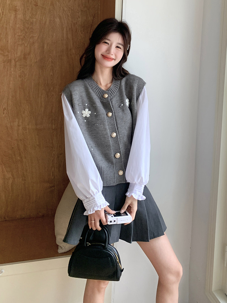 法式复古小香风套装女2025春秋季新款花朵针织马甲白色衬衫两件套,女装马甲,维壹