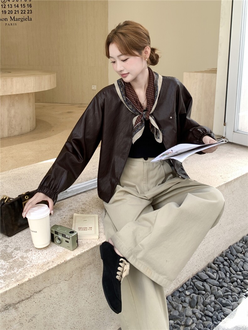 棕色复古美拉德短款皮衣外套女2025秋小个子又酷又飒圆领PU皮夹克,女装皮衣,慧尚2-185