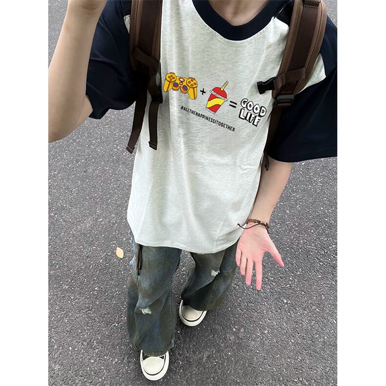 抖音得物高品质二开240克宽松纯棉美式潮牌插肩袖拼接短袖T恤图片