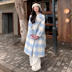 2025年秋冬季女装女士蓝色格子毛呢外套，女装毛呢外套，2C120