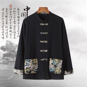 T78* 中国风男士棉麻龙纹绣花唐装麻料长袖衬衫练功服 藏青 *P65图片