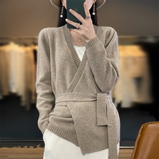 系带针织开衫女短款2024秋季新款宽松羊毛，女装羊毛衫，鹿一羊绒