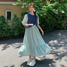 夏季新品，复古牛仔马甲+显瘦连衣裙套装2C2851802P165K248，女装连衣裙，2C285