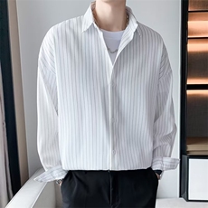条纹衬衫外套男春秋季潮牌休闲衣服短袖潮流男士长袖黑衬衣C303，男装衬衫，星座1116A-2（原606A-1）
