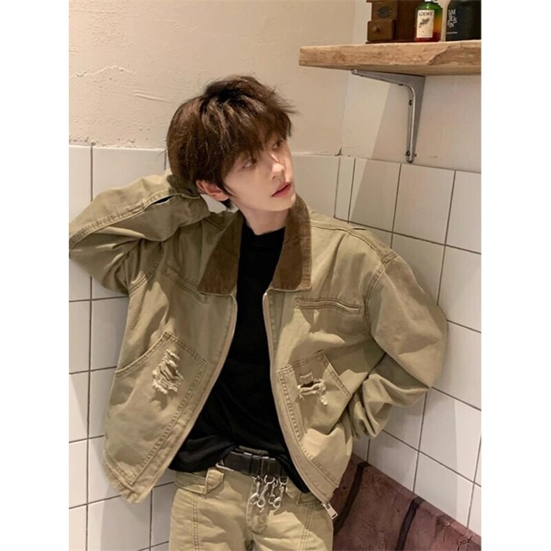 卡其色短款工装外套美式复古水洗翻领底特律夹克JK7013特P76,男装夹克,星座908-1