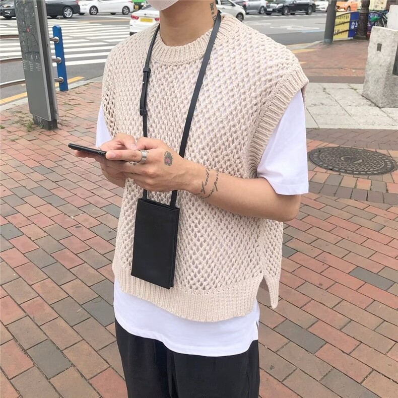 577-P35美式硬汉镂空针织背心男网眼透视宽松无袖t恤透气运动，男装背心/马甲，电商B323A