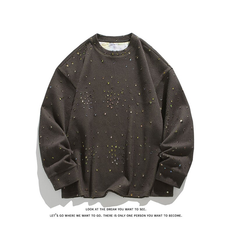 彩色星星提花破洞圆领卫衣男女设计感美式长袖t恤W4682-特价P50,男装T恤,电商A007
