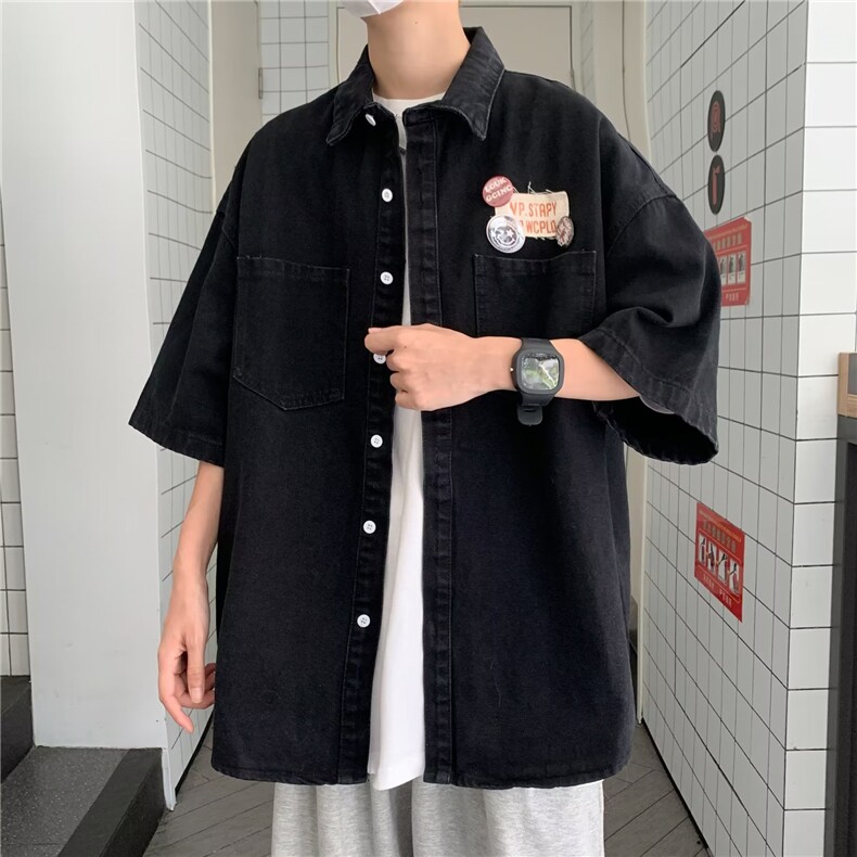 牛仔衬衫男短袖韩版潮流贴标帅2026夏季新款ins宽松外套CY281-P51,男装衬衫,星座412