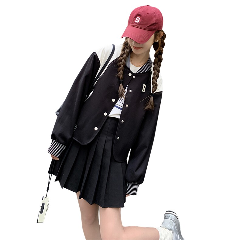 小众撞色拼接黑色棒球服82378-P140-K188,女装短外套,辉之琳