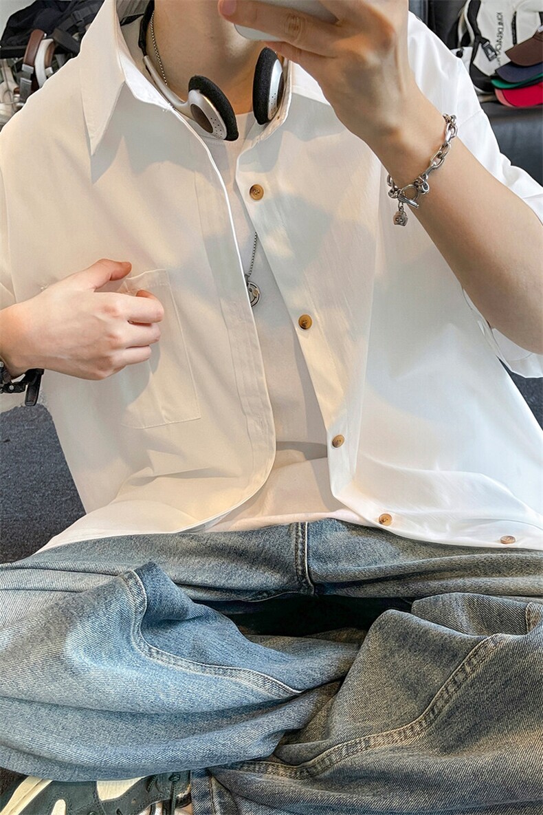 日系复古学院风短袖衬衫男夏季薄款宽松潮流oversize廓形半袖衬衣,男装衬衫,电商A007