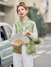 新中式马甲女春秋新款时尚洋气坎肩提花刺绣马夹衬衣两件套潮，女装套装/套裙，微微衣阁