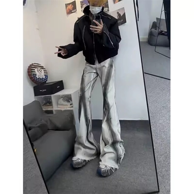 扎染渐变毛边微喇牛仔裤男欧美hiphop裤子高街直筒脏脏裤X167-P58，男装牛仔裤，星座1007（原301D）