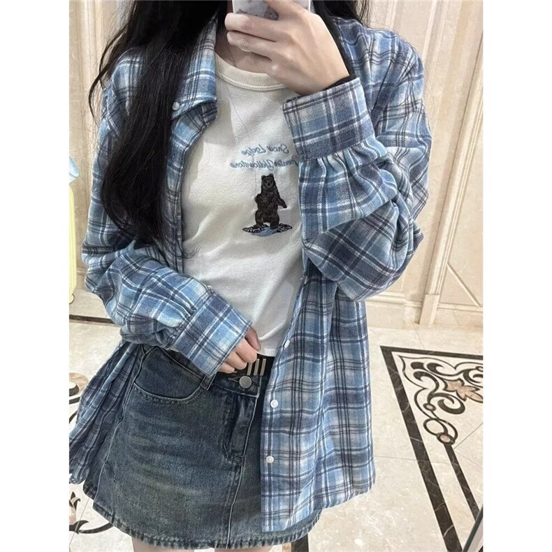 早春格子长袖衬衫女夏季防晒宽松外穿衬衣设计感小众翻领上衣外套,男装防晒衣,星座1210-1