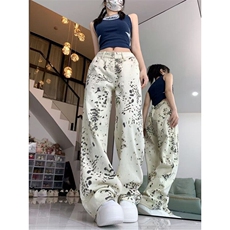 美式复古豹纹设计感牛仔裤女新款辣妹宽松直筒阔腿裤NA1850，男装牛仔裤，星座1116A（原606A-3）